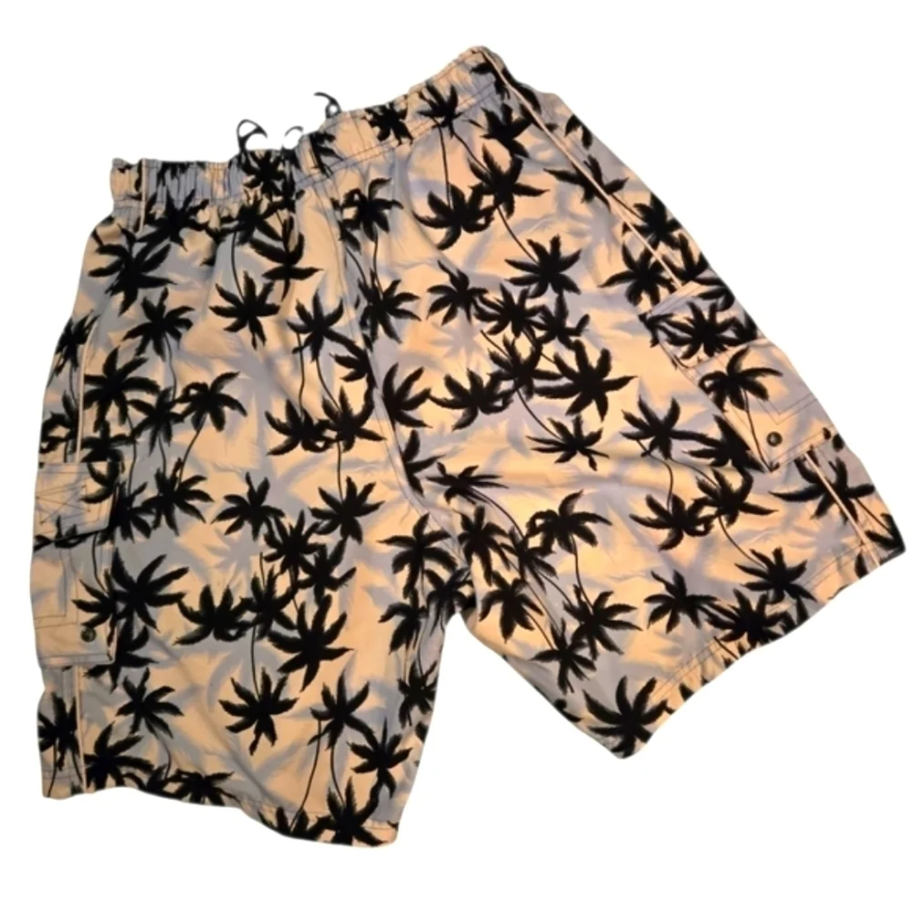 Islander Palm Tree Print Men's Medium Swim Trunks Board Shorts Blue Black White